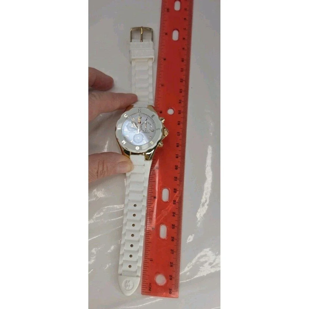 MICHELE JELLY BEAN TAHITIAN CHRONOGRAPH Watch GOLDTONE WHITE SILICONE BAND EUC - Picture 7 of 16